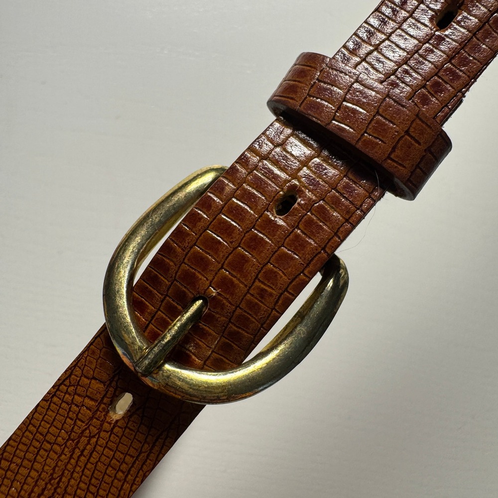 Vtg Brown Lizard Embossed Leather Belt Gold Horseshoe Buckle M Equestrian